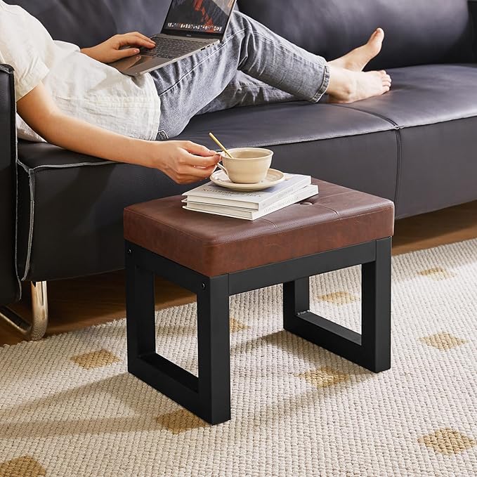 IBUYKE 16 Inch Small Foot Stool Ottoman, Rectangle PU Faux Leather Foot Rest with Padded Seat and Metal Legs, Modern Ottoman Foot Rest for Living Room Bedroom Entryway Couch, Dark Brown WBD026Z