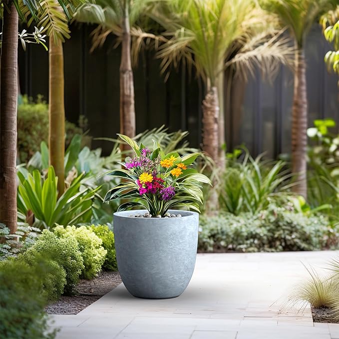 Kante 18 Inch Dia Round Concrete Planter, Indoor Outdoor Large Plant Pot with Drainage Hole and Rubber Plug for Home Patio Garden, Slate Gray