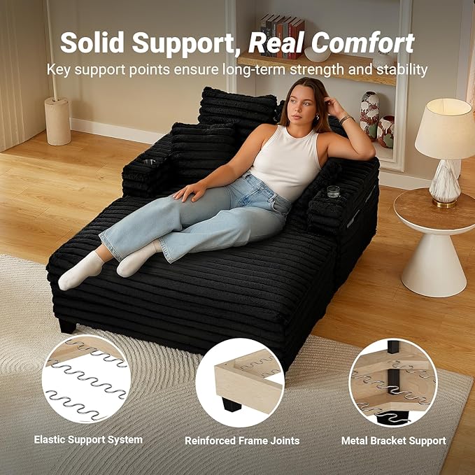 64" Chaise Lounge Chair Indoor, Oversized Sleeper Chair with Wood Frame, Upholstered Sofa Bed for Living Room, Movie Room, Bedroom with 4 Storage Pockets&2 Cup Holders(Plush Corduroy, Black)