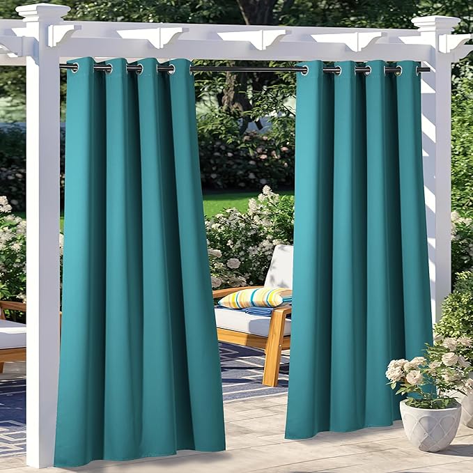 NICETOWN 2 Panels Peacock Teal Patio Outdoor Curtains 95 inch Length, Thermal Insulated Silver Stainless Steel Grommet Weighted Room Darkening Indoor Outdoor Drapes for Terrace, W52 x L95