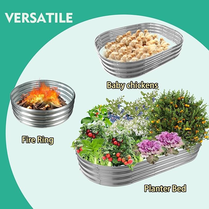 6X3X1 FT Oval Galvanized Metal Garden Raised Bed/Plant Box for Planting,36 Inches Diameter Iron Fire Pit Ring,Small Animal Fence-3 in 1 Modular Design in Black (Silver, 72X36X11.5 Inches)