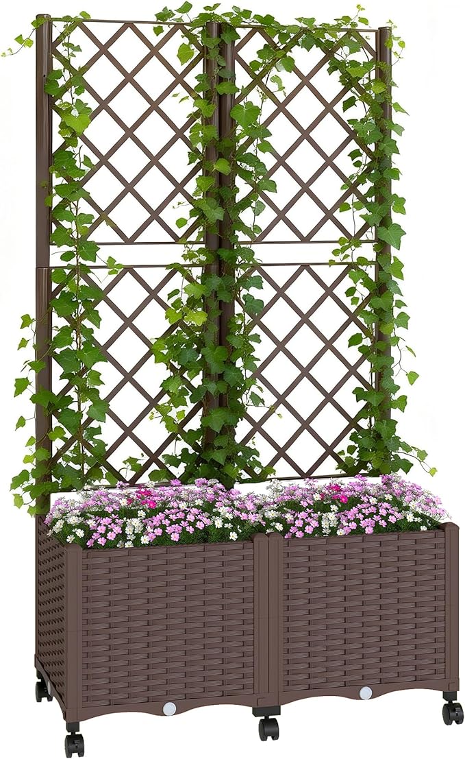 Outsunny Planter Box with Trellis, Self Watering Raised Garden Bed with Lockable Wheels, 56.3" Trellis Privacy Planter with Drainage Holes for Climbing Plants, Vines, Vegetables, Flowers, Brown