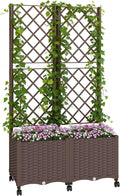 Outsunny Planter Box with Trellis, Self Watering Raised Garden Bed with Lockable Wheels, 56.3" Trellis Privacy Planter with Drainage Holes for Climbing Plants, Vines, Vegetables, Flowers, Brown