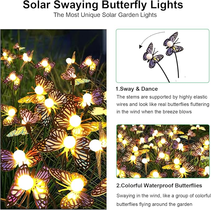 Solar Garden Butterfly Lights, 4 Pack 32 LED Solar Swaying Lights, Swaying in The Wind, Waterproof Firefly Light Outdoor Fairy Light for Garden Patio Yard Pathway Flower Bed Decoration