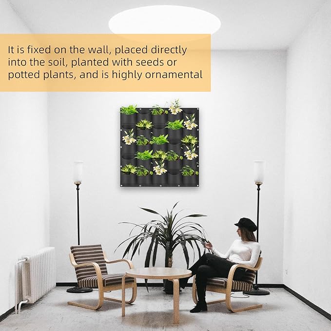 Hanging Planting Grow Bags, 25 Pockets Hanging Vertical Wall Planter Wall Mounted Grow Bag Outdoor Indoor Gardening Vertical Greening Flower Container, Planting Bags Storage Bags(1.0 m × 1.0 m, Black)