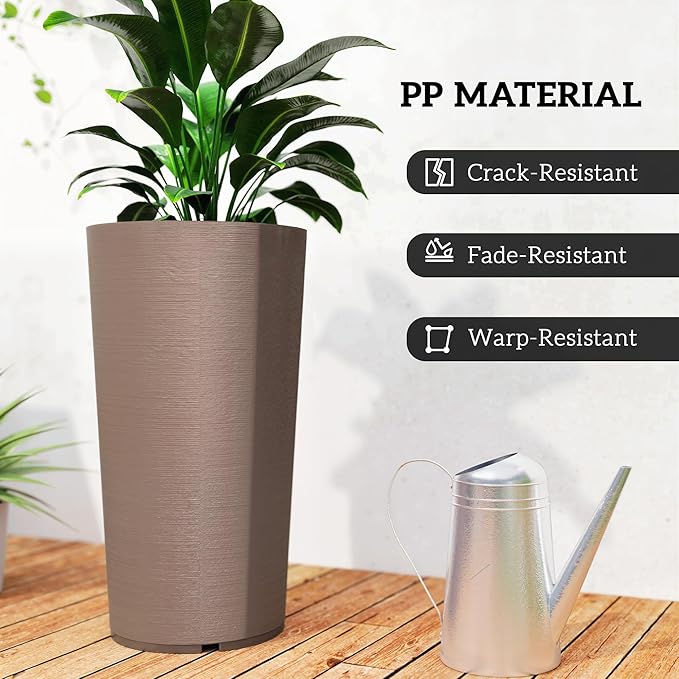 Outsunny 29 Inch Tall Planters for Outdoor Plants, Set of 2 Plastic Flower Pots with DIY Drainage Holes, Stackable Large Planters for Indoor Plants, Front Porch Decor, Brown