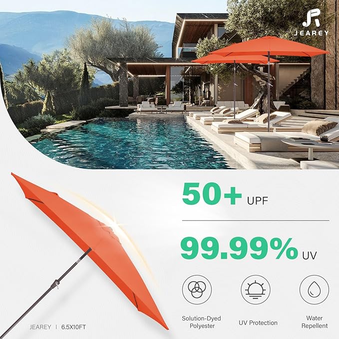 JEAREY 6.5x10 ft Rectangular Patio Umbrellas Rectangle Outdoor Umbrella with Push Button Tilt and Crank, Market Table Umbrella 6 Sturdy Ribs UV Protection for Poolside Garden Backyard Deck, Orange