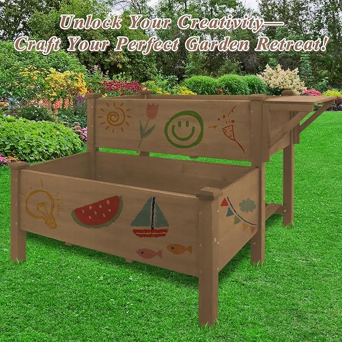 2-Tier Raised Garden Bed with Legs Outdoor Elevated Garden Box,Storage Shelf,Protective Liner for Backyard,Patio,Balcony,55x42x30in (Brown)