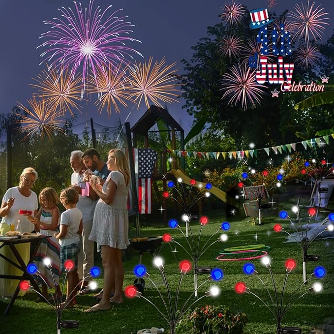 4th of July Decorations, 6 Pack Solar Firefly Lights Outdoor, 36 LED Waterproof Patriotic Decor Garden Lights with 2 Modes for Independence Day National Day Yard Path Decorations (Red White and Blue)