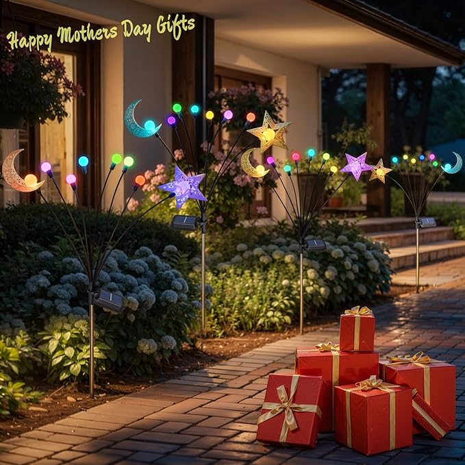 TAKE ME Solar Firefly Lights Outdoor Moon Star Sun Projection Stake Lights - Waterproof Solar Powered Garden Lights for Pathway, Yard, Patio Decor Color Changing