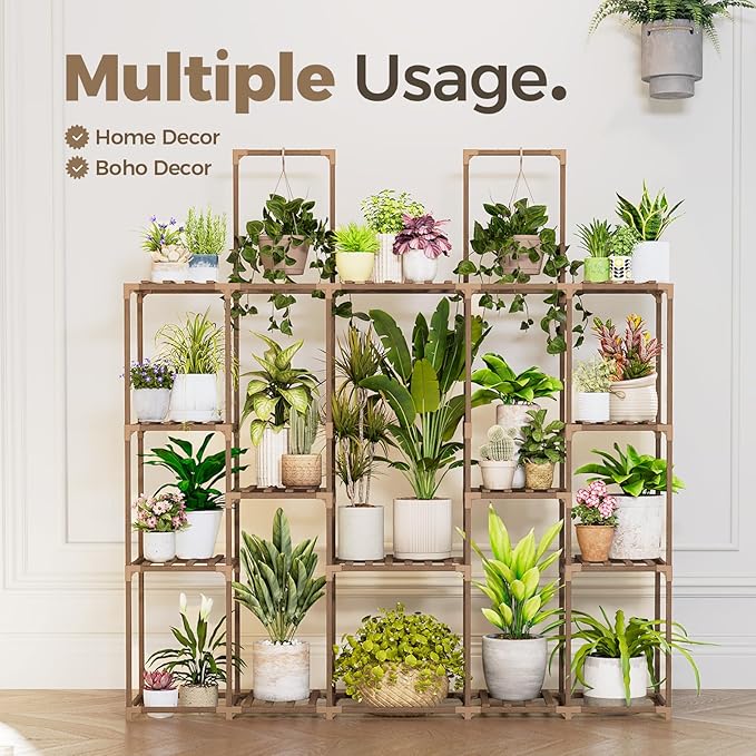 Bamworld Large Plant Shelf Plant Stand Indoor 62.2" Tall Outdoor Plant Holder Wood for Multiple Plants Hanging Plant Rack for Living Room Garden Balcony