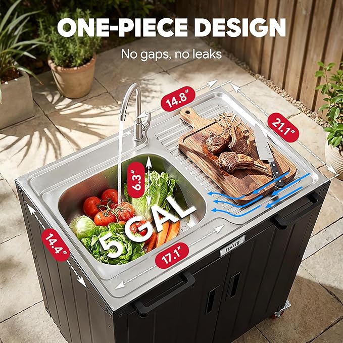 Outdoor Kitchen Island with Stainless Steel Sink and Storage Cabinet, 35-Inch BBQ Prep Station with Faucet & Lockable Wheels for Patio, Backyard, and Outdoor Cooking, Black & Silver