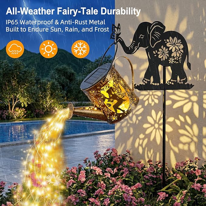 Solar Watering Can Lights Outdoor Decor with Elephant Stake & Fairy Silhouettes, Cascading String Lights for Garden, Patio, Yard - Waterproof Solar Powered Gift for Mom, Housewarming, Birthday