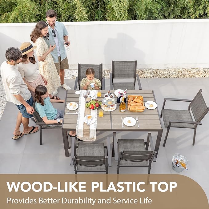 Devoko Patio Dining Set 7 Piece Outdoor Furniture with Rectangular Table and 6 Stackable Chairs Family Conversation Set for Garden Backyard Deck (Grey)