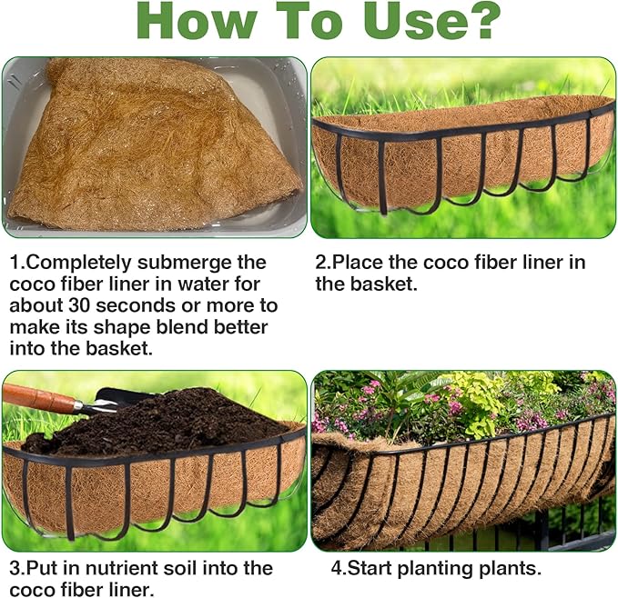 48in Coco Liners for Window Planter Box - 3 Pack 100% Natural Coconut Coir Fiber Liner Replacement for Deck Flower Box, Garden Railing Fence Trough, Wall Planter Basket, Vegetables Pot