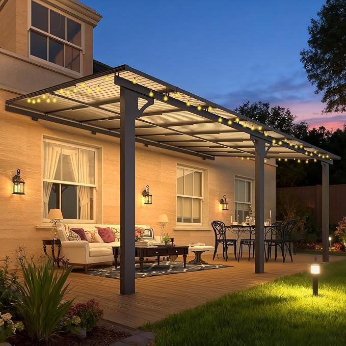AECOJOY 10' x 16' Adjustable Height Outdoor Lean to Gazebo Pergola for Patio, Large Wall-Mounted 6.5-9.8 Ft Hard Top Metal Heavy Duty Metal Awnings Shelter Pergolas and Gazebos Clearance with Roof