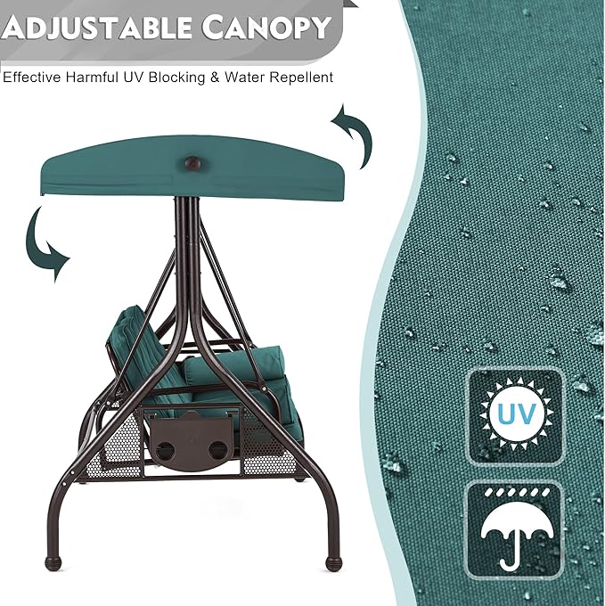 HOMREST 3 Seat Outdoor Porch Swing with Adjustable Canopy, Convertible Patio Swing Bed with Stand, Patio Glider Swing with Upgraded Cup Holder, Thicken Cushions ＆ Pillow for Backyard（Green）