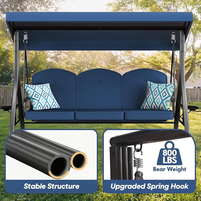 3 Seat Outdoor Porch Patio Swing with Stand 800lbs 2-in-1 Convertible Swing Bed with Adjustable Canopy & Removable Cushion for Yard Garden Deck (Blue, Square Tube)