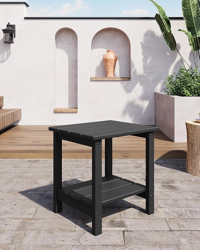 GarveeLife Adirondack Outdoor Side Table 18 x 15 in, HDPE 2-Tier Patio Side Tables for Outside, All-Weather End Table for Patio Pool Deck Indoor Backyard, Black-2Pcs