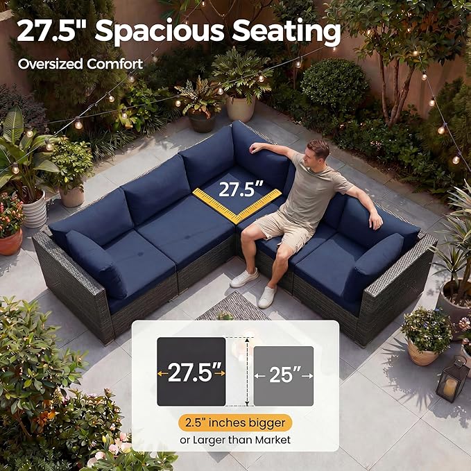 NICESOUL 11 Piece Outdoor Sectional with Fire Pit Table, 29.3'' High Back Rattan Patio Furniture Set with Firepit & Chaise Lounge, Large Deep Outdoor Sectional, 2 Color Cushion Navy Blue & Grey