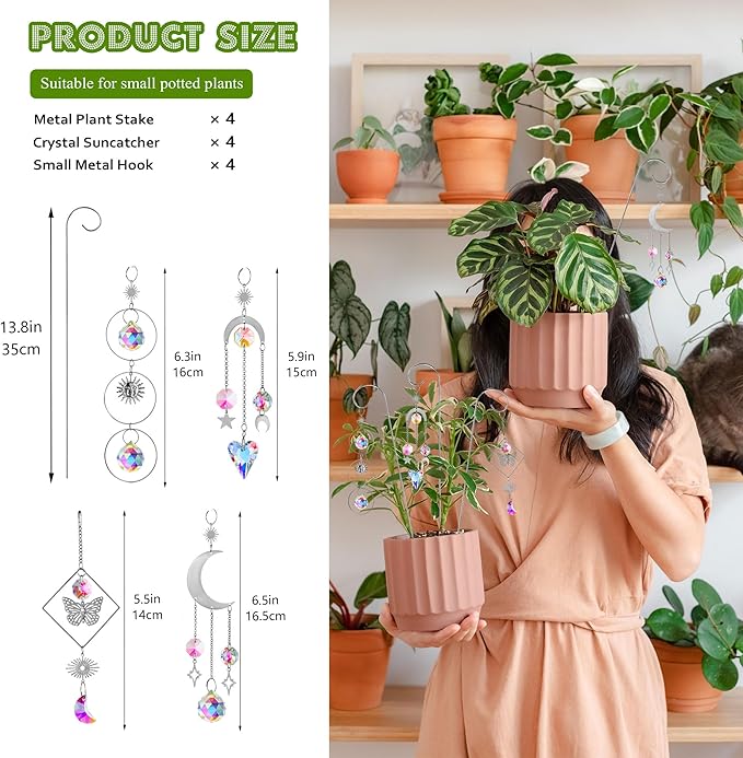 HDCRYSTALGIFTS 4 Pack Crystal Sun Catchers with 13.5'' Small Trellis for Potted Plants Indoor Plant Stake Suncatcher Decoration for Home Window Garden, Sliver