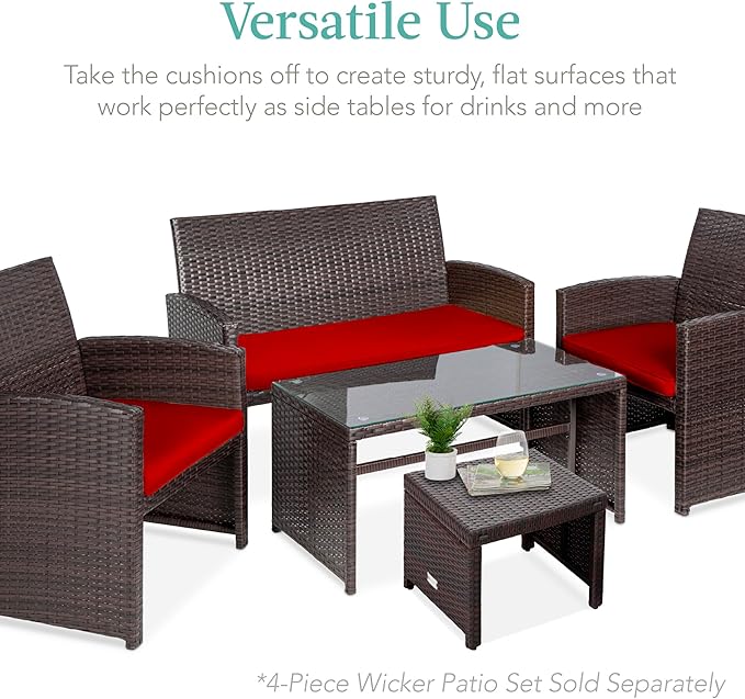 Best Choice Products Set of 2 Wicker Ottomans, Multipurpose Outdoor Furniture for Patio, Backyard, Additional Seating, Footrest, Side Table w/Removable Cushions, Steel Frame - Brown/Red