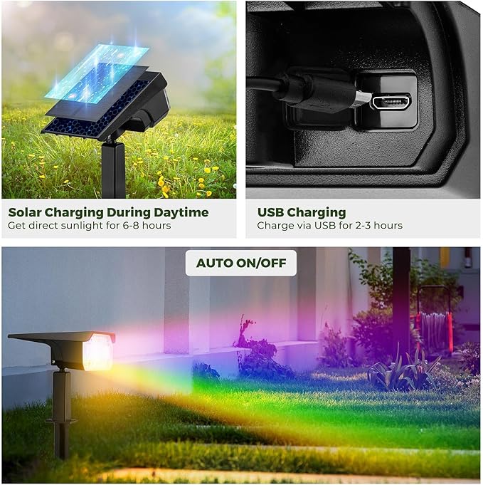 Kingsyard Solar Color Changing Lights 8 Colors, USB & Solar Powered Lights Outdoor Waterproof IP68, Multicolor RGB Outdoor for Garden Yard Landscape Decor, 2 Pack