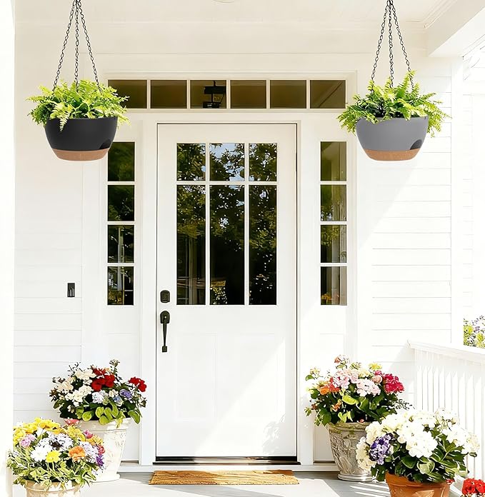 8 Inch Hanging Planters for Indoor Outdoor Plants, 4 Pack Plastic Self Watering Hanging Baskets with Drainage Holes and Chain for Garden Porch