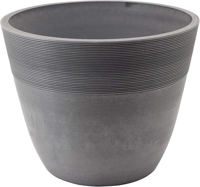 PSW Pot Collection 12-inch Plastic/Stone/Wood Composite Large Ribbed Planter – No Drainage Hole (Drillable), Indoor/Outer Garden Pot for Foliage, Trees, Flowers, Ferns, Cement Gray