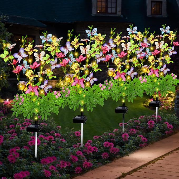 Solar Garden Lights Outdoor Waterproof,4 Packs Solar Swaying Butterfly Lights Decor,Gardening Butterfly Gifts for Mom Women,Solar Flowers Plant Lights Decorative Stakes for Yard Patio Lawn Pathway