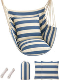 Hammock Chair Swing 2 Cushions Included - Hanging Rope Swing Max 400 Lbs Sturdy Soft Cotton Indoor for Bedroom Swing Chair Outdoor Patio Bedroom Porch Deck (Blue White Stripes)