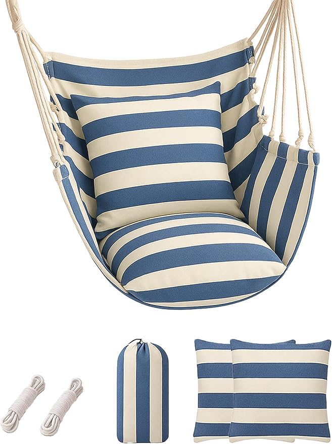 Hammock Chair Swing 2 Cushions Included - Hanging Rope Swing Max 400 Lbs Sturdy Soft Cotton Indoor for Bedroom Swing Chair Outdoor Patio Bedroom Porch Deck (Blue White Stripes)