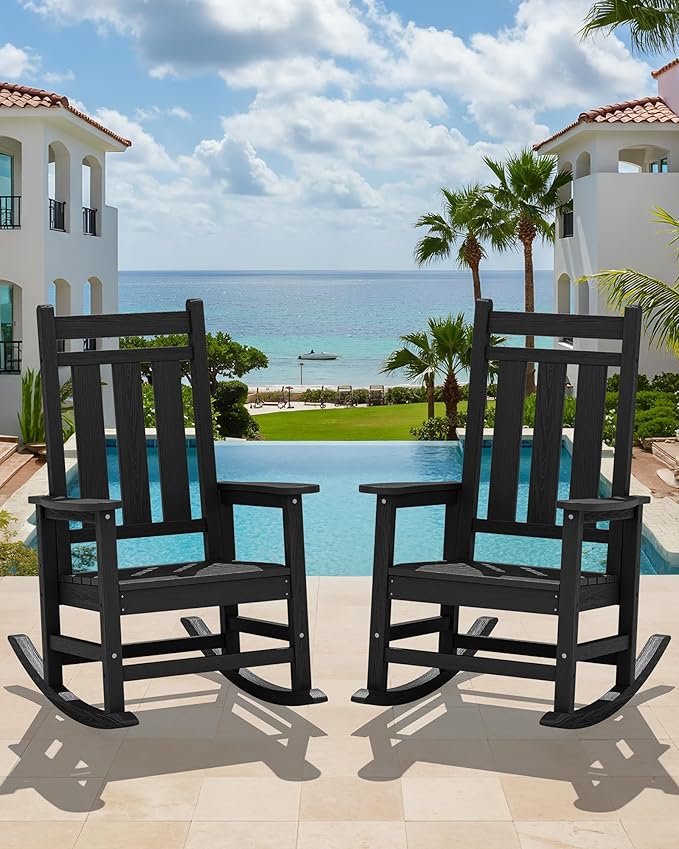 KINGYES Oversized Outdoor Rocking Chair Set of 2, All-Weather Patio Rocking Chairs for Porch, HDPE Outdoor Patio Rockers with High Back & Wide Seat for Garden, Lawn, Black