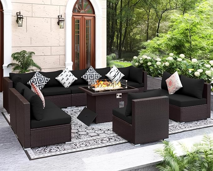 NICESOUL 11 Piece L-Shaped Outdoor Patio Furniture Set with Fire Pit Natural Gas/Propane, 29.3'' High Back Conversation Set, Extra Large Deep Couch Sofa Sectional Sets, Brown Rattan and Black Cushion