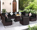 NICESOUL 11 Piece L-Shaped Outdoor Patio Furniture Set with Fire Pit Natural Gas/Propane, 29.3'' High Back Conversation Set, Extra Large Deep Couch Sofa Sectional Sets, Brown Rattan and Black Cushion