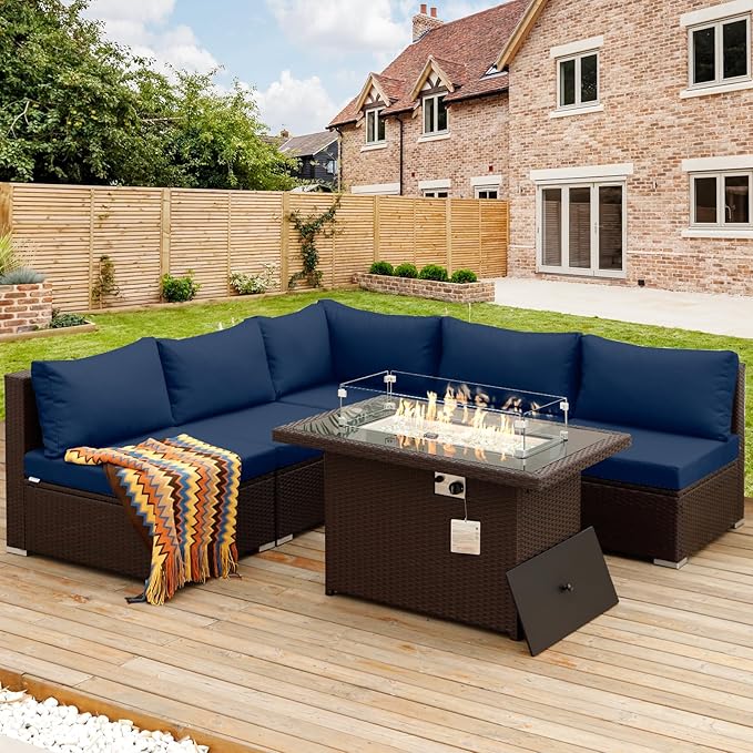 NICESOUL 6 Piece L-Shaped Outdoor Couch with Fireplace Natural Gas/Propane, 29.3'' High Back Wide Seat Patio Conversations for Outside, Oversized Comfy Sectional Furniture Set, Brown/Blue