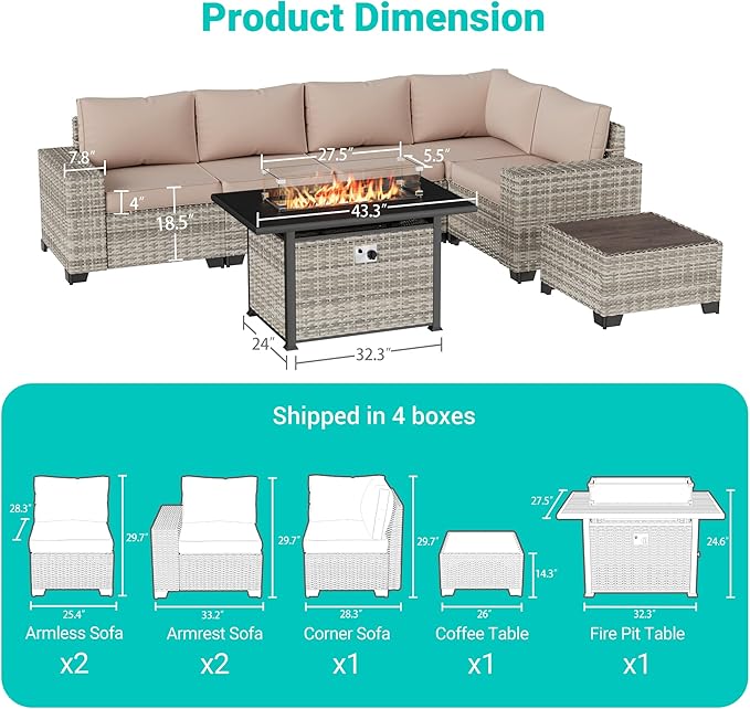 7-Piece Outdoor Patio Furniture Set with 55,000 BTU Fire Pit Table, PE Wicker Rattan Sectional Sofa Patio Conversation Set with Thickened Cushions & Coffee Table, Sand