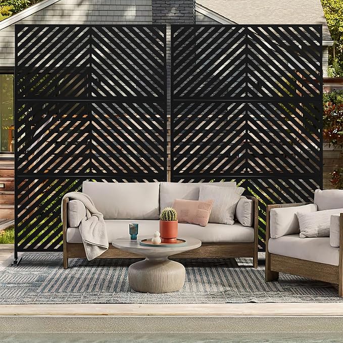 Casaphoria Metal Privacy Screen Outdoor, 72" H x 47" W Freestanding Decorative Privacy Screen for Patio Deck Balcony Garden with Stable Base, Black Parallel