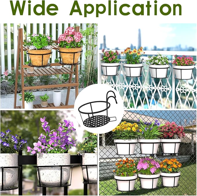 CADANI Iron Hanging Plant Holder Over The Rail Metal Fence Planters, Hanging Bucket Flower Pot Holder for Patio Balcony Outdoor Plants - Pack of 6 (Black)