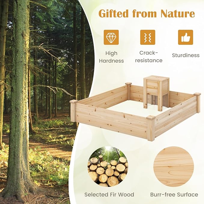 Giantex Raised Garden Bed, 49"x49"x10" Wood Planter Box Kit w/Compost Bin & Open-Ended Bottom for Vegetables, Flowers, Herbs, Fruits, Elevated Square Planting Bed for Patio, Backyard, Garden