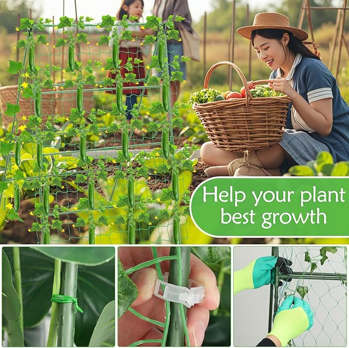 32 x 53 Inch Cucumber Trellis for Climbing Plants Outdoor A-Frame Garden Trellis for Raised Bed Detachable Sturdy Garden Plant Support Trellis for Small Plant Vegetable Flower Grape with Climbing Net
