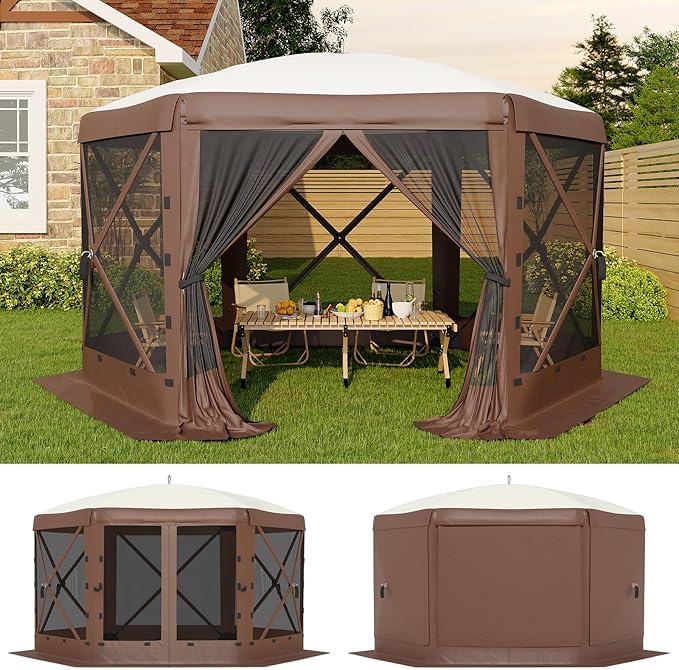 11.5x11.5FT 6-Sided Pop Up Gazebo Tent，One-Push Setup Canopy Tent with Mesh Panels & Removable Wind Cloths, Outdoor shelter for Camping, Backyard Parties, Outdoor Events - Beige & Khaki