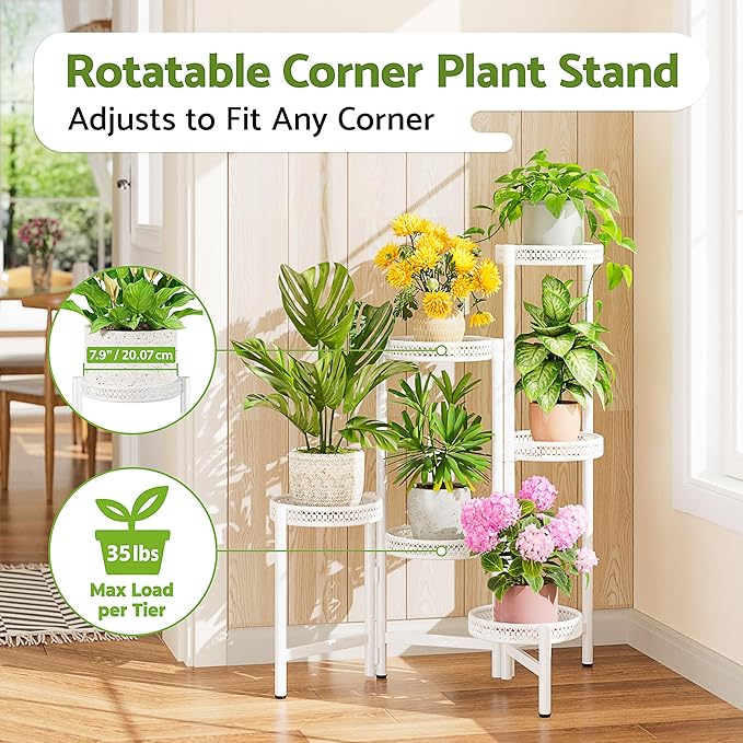 6 Tier Metal Plant Stand, 6 Potted Multiple Flower Pot Holder Shelf, Indoor&Outdoor Folding Planter Display Shelves for Patio Garden, Living Room, Corner Balcony, Bedroom - WhiteWave