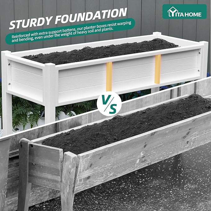 YITAHOME 48x18x30in Raised Garden Bed HDPE, Weather-Resistant Poly Lumber Planter Box with Legs & Storage Shelf, Elevated Garden Bed for Yard, Garden, Balcony - White