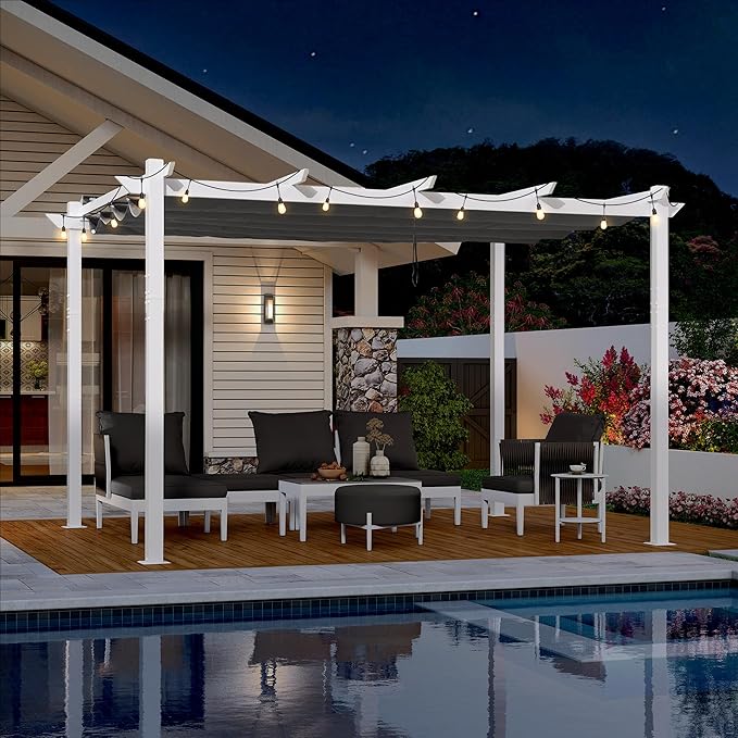 PURPLE LEAF 10' x 13' Outdoor Retractable Pergola with Light Aluminum Patio White Pergolas with Double Sun Shade Canopy for Gardens Deck Backyard, Grey