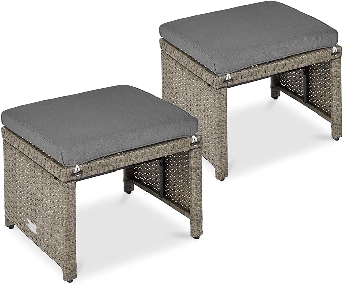 Best Choice Products Set of 2 Wicker Ottomans, Multipurpose Outdoor Furniture for Patio, Backyard, Additional Seating, Footrest, Side Table w/Removable Cushions, Steel Frame - Cement Gray/Taupe