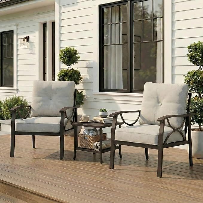RoyalCraft Outdoor Patio Furniture Set, 3 Pieces Metal Patio Conversation Set with Side Table for Porch Garden Backyard, Beige