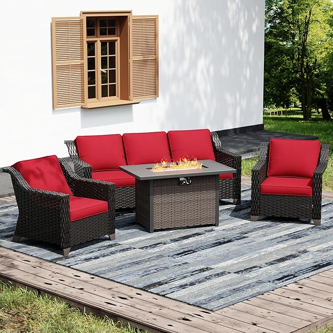 Joyside Wicker Patio Furniture Sets, 4 Pieces Upgraded Large Size Outdoor Furniture with Patio Dining Chair, 3-Seat Sofa, Fire Table,Thick Cushions, Wide Armrest, Red