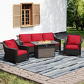 Joyside Wicker Patio Furniture Sets, 4 Pieces Upgraded Large Size Outdoor Furniture with Patio Dining Chair, 3-Seat Sofa, Fire Table,Thick Cushions, Wide Armrest, Red
