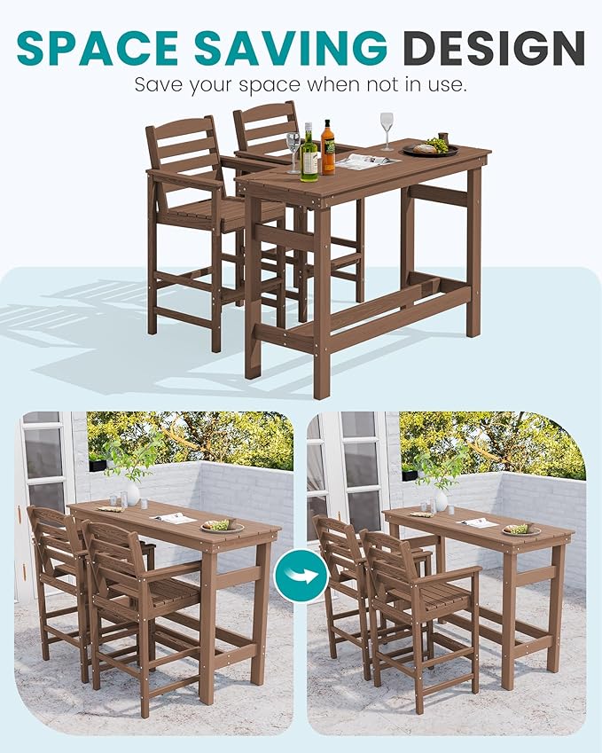 SERWALL Outdoor Bar Set - 4 Adirondack Bar Chairs & Bar Height Table with 1.6" Umbrella Hole, All-Weather HDPE Patio Furniture for Poolside, Backyard, Garden - Brown